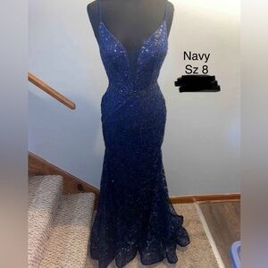 Midnight Blue Glitter Mermaid Gown with open back NWT